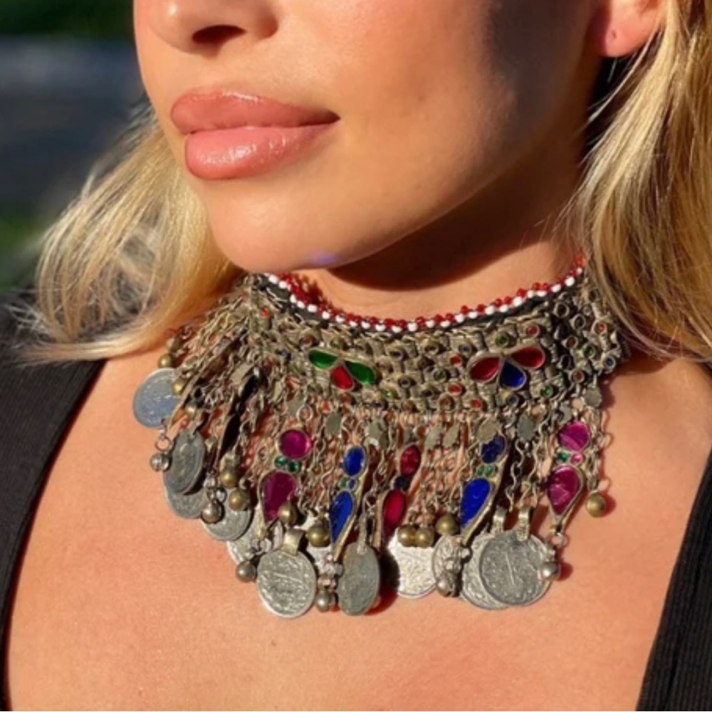 Afghani coin choker multicolored necklace